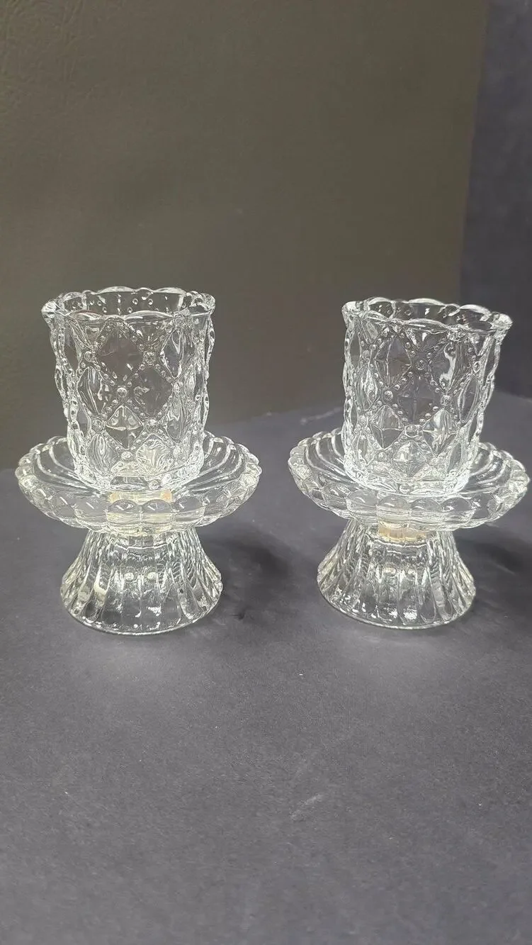 PartyLite Clear Glass Quilted Tealight Votive Candle Holders Pair Small Pedestal